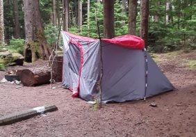The tent that we found out requires another part in order to set up properly. We used sticks.